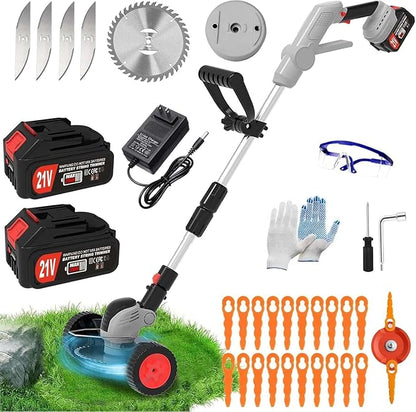 Electric Weed Wacker Eater,3-in-1 Cordless Weed Trimmer with 2 21V/4.0Ah Battery Operated & Fast Charger & 90Min Runtime, 3 Types of Blades for Thick Weeds/Edging/Mowing for Garden Yard -Grey