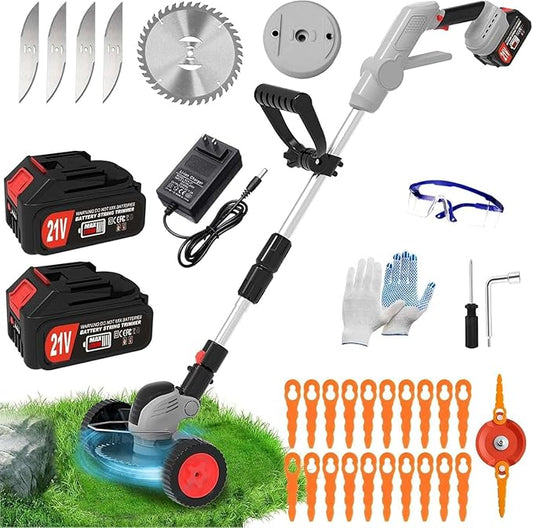 Electric Weed Wacker Eater,3-in-1 Cordless Weed Trimmer with 2 21V/4.0Ah Battery Operated & Fast Charger & 90Min Runtime, 3 Types of Blades for Thick Weeds/Edging/Mowing for Garden Yard -Grey