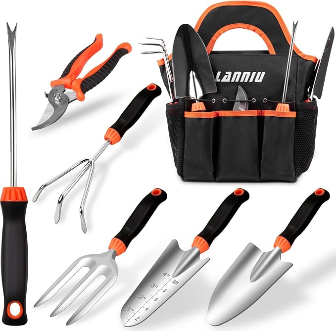 Garden Tool Set, 7 Piece Stainless Steel Heavy Duty Gardening Tool Set, with Non-Slip Rubber Grip, Storage Pocket, Ideal Garden Tool Kit Gift for Women/Parent (7-Piece Set)