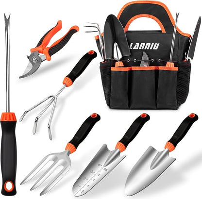 Garden Tool Set, 7 Piece Stainless Steel Heavy Duty Gardening Tool Set, with Non-Slip Rubber Grip, Storage Pocket, Ideal Garden Tool Kit Gift for Women/Parent (7-Piece Set)