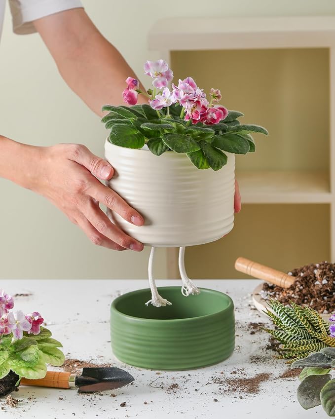 Self Watering Pots for Indoor Plants, 6 Inch Ceramic Self Watering Plant Pot, Planter Pot with Wick Rope and Drainage Hole for African Violet Succulent Herbs (White Matte)