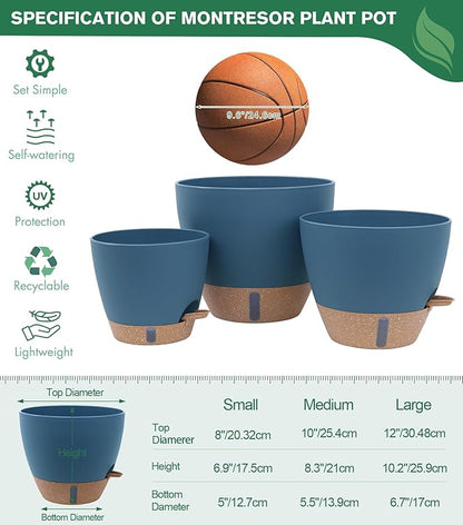 montresor 2-Pack of 8inch Self Watering Pots Blue Sturdy Plastic Flower Pot for Indoor Plants with Cotton Rope and Visual Water Storage Tray, Plastic Pots for Plants