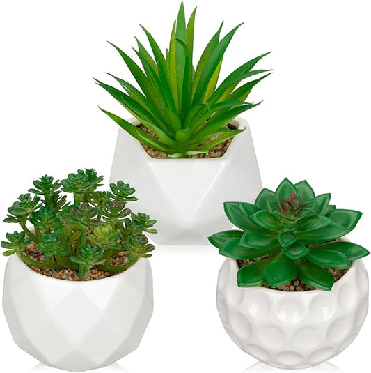 Briful Artificial Succulents Plants in Ceramic Pots, 3 Pack Faux Succulent Set with White Geometric Planters – Modern Desk Decor for Home Office Shelf Bathroom, Small Fake Plants Potted