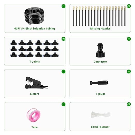 60Ft Drip Irrigation System for Garden – 360° Bendable Automatic Watering Kit with 18 Adjustable Nozzles, Misting Hose for Greenhouse, Lawn, Yard & Plants (60 FT)