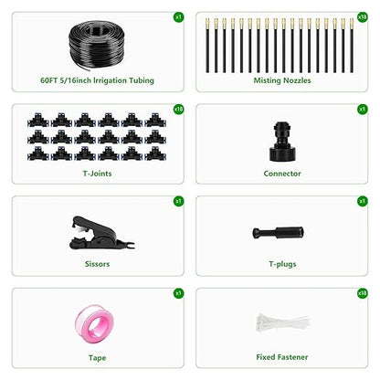 60Ft Drip Irrigation System for Garden – 360° Bendable Automatic Watering Kit with 18 Adjustable Nozzles, Misting Hose for Greenhouse, Lawn, Yard & Plants (60 FT)