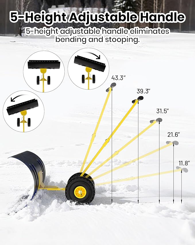 36” Snow Shovel for Driveway,Heavy Duty Wheeled Rolling Shovels 5 Position Angled Blade, Ergonomic Handle & Rubber Wheels for Efficient Snow Removal, Snow Plow for Doorway,Driveway and Sidewalks