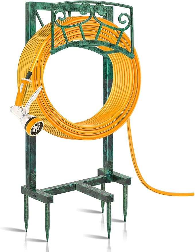 Garden Hose Holder, Heavy Duty Metal Water Hose Holders Hose Stand with 5 Spikes, Freestanding Hose Storage Rack Hose Hanger Holds 150ft Hose for Outside Yard Lawn Garden Decor (Retro Green)