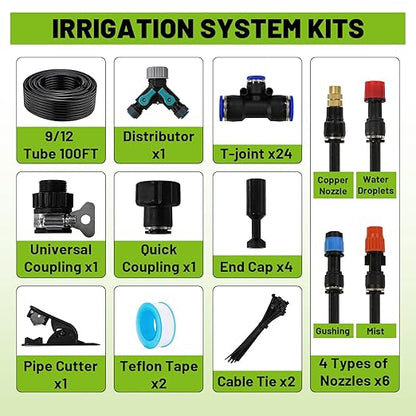 Drip Irrigation Kit - 100 FT. Hose Sprinkler System with 360° nozzles and T-connectors for Gardens, lawns, Plants, Flower beds, Trees, patios and hydroponics (24 360° nozzles + 24 T-connectors)