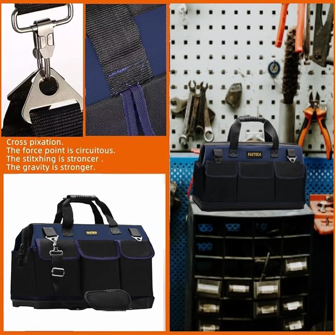 FASTECH 22in Heavy Duty Bottom Tools Bag With Wide Mouth For Tool Storage, Carrier and Organizer, Tote Bag for Men/Women, Wide Mouth Tool Bags With Inside Pockets (22 Inch)