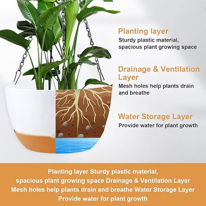 10 inch Hanging Planters for Indoor Outdoor Plants with Self-Watering Pots, 3 Pack Plastic Hanging Basket with Removable Tray for Home Garden Porch Balcony Patio Decor(White+Black+Green)
