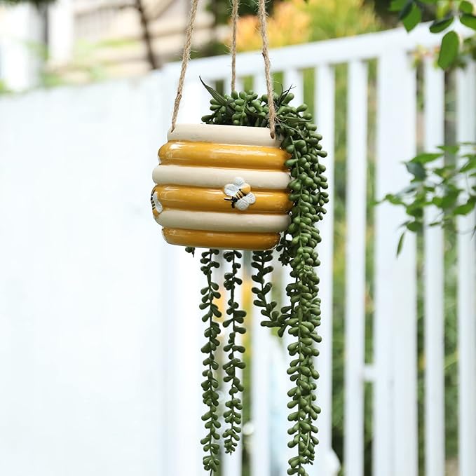 Hanging Ceramic Planter 5 Inch Cute Bee Plant Pots Indoor Outdoor Yellow Planter Flower Pot Succulent Plant Pot Ceramic Mid-Century