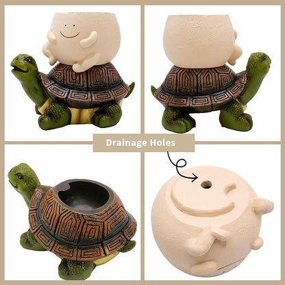 Smily Face Succulent Planter Pot, Funny Turtle Self-Watering Planter Pots, Lawn Decor Tortoise Statue for Patio, Balcony, Yard Ornament with Drainage Hole, Unique Housewarming Gifts