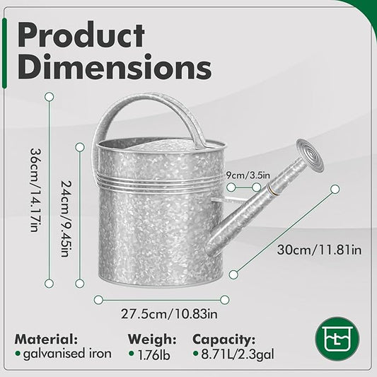 Galvanized Iron Watering Can for Indoor Plants, Oval Watering Cans for House Plant Garden Flower, Long Spout Water Can for Outdoor Watering Plants 9.46L 2.5 Gallon