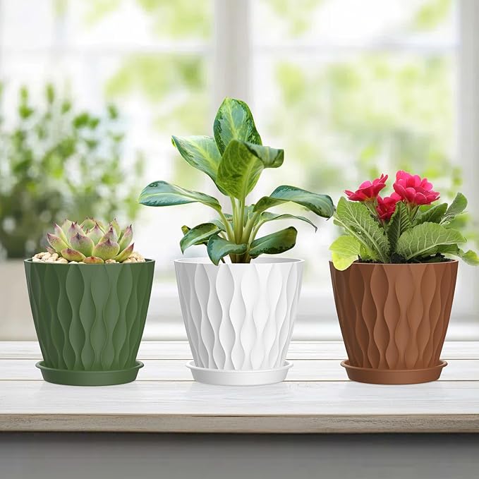 4 Inch Small Pots for Plants, 12 Pack Waffle Texture Small Plant Pots for Succulents, Plastic Planter with Drainage Holes and Saucers for Indoor Outdoor Plants, Flowers, Herbs, Seedlings, Colorful