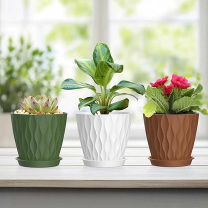 4 Inch Small Pots for Plants, 6 Pack Waffle Texture Small Plant Pots for Succulents, Plastic Planter with Drainage Holes and Saucers for Indoor Outdoor Plants, Flowers, Herbs, Seedlings, Colorful