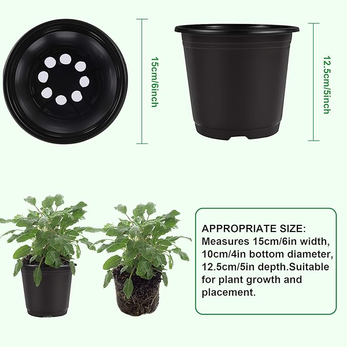 Augshy 50 Pcs 0.5 Gallon Black Plastic Plant Nursery Pots 6 Inches Seed Starting Pots Containers with 50 Labels