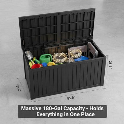 180 Gallon Resin Deck Box with Lockable Lid - Outdoor Waterproof Storage for Patio Furniture, Garden Tools, Cushions & Pool Accessories, All-Weather Wood Grain Design