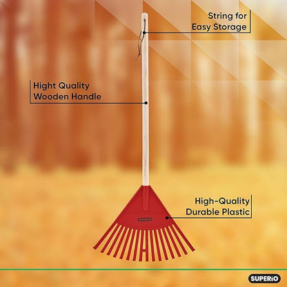 Kids Rake with Hardwood Handle, Durable Plastic Head to Sweep Leaves in Lawn and Tidying Up The Garden, 34" (Red), 6 Pack