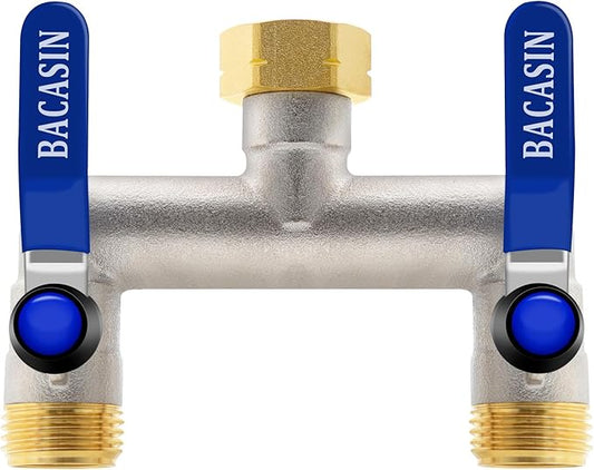 Brass Garden Hose Splitter 2-Way Heavy Duty - 3/4" GHT Threads with 2×304 Stainless Steel Handles, High Flow Design for Efficient Water Distribution