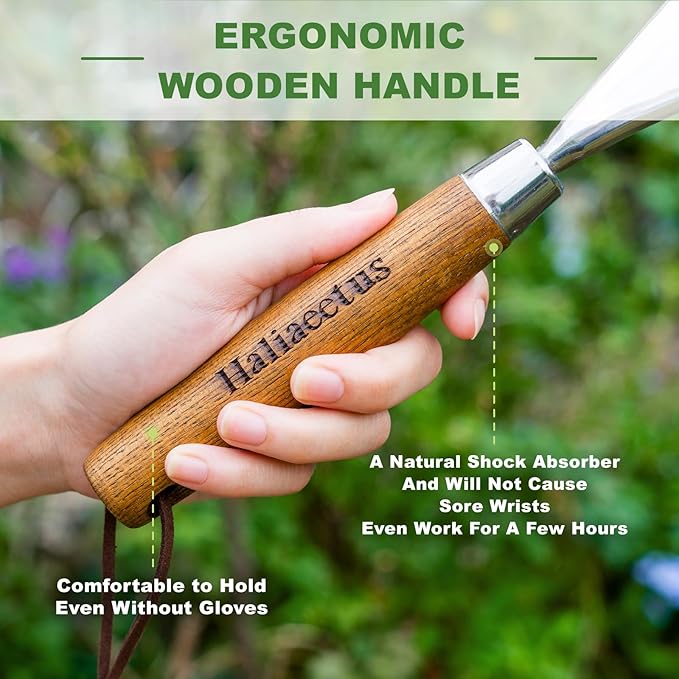 Haliaeetus Garden Hand Rake, 14.6'' Small Rake for Tight Areas, 9 Tines Stainless Steel with Ergonomic Wood Handle for Clearing Leaves and Loose Debris