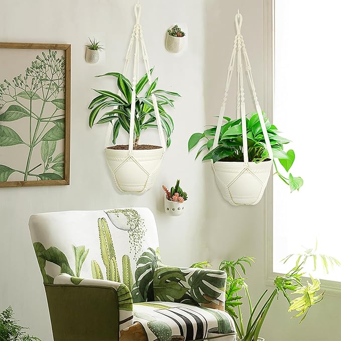 FGSAEOR Macrame Plant Holder Indoor Outdoor, Hanging 3-15 inch Pot, Bearing 20lb Planters, DIY Handmade Hanging Planter Basket Holder, 35-Inch Extra Long Strong Boho Home Décor (2-Pack) (Ivory)
