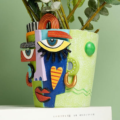 Picasso Abstract Face Flower Pot Colorful Art Flower Vase with Facial Expressions Unique Head Planter for Indoor Outdoor Cute Plant Decor (Small)