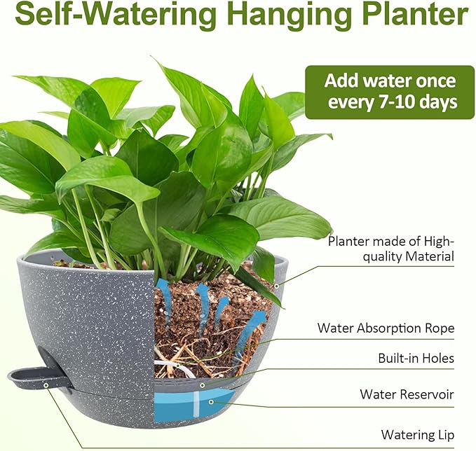 WOUSIWER Self Watering Hanging Planters, 2 Pack 12'' Plastic Pots with Drainage Holes & Reservoir Tray (Speckled Grey) | Indoor & Outdoor Use for Ferns, Ivy, Herbs, Succulents