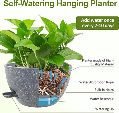 WOUSIWER Self Watering Hanging Planters, 2 Pack 12'' Plastic Pots with Drainage Holes & Reservoir Tray (Speckled Grey) | Indoor & Outdoor Use for Ferns, Ivy, Herbs, Succulents