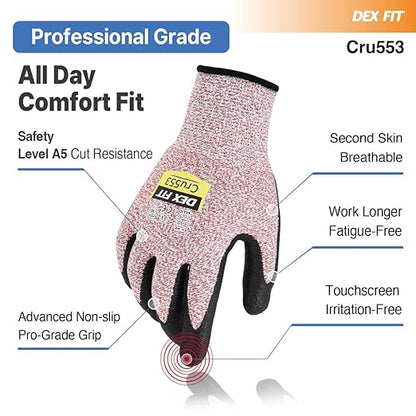 DEX FIT Level 5 Cut Resistant Gloves Cru553, 3D-Comfort Stretchy Fit, Power Grip, Professional Grade, Thin, Touch-Screen Compatible, Durable, Machine Washable - Red S (7) 1 Pair
