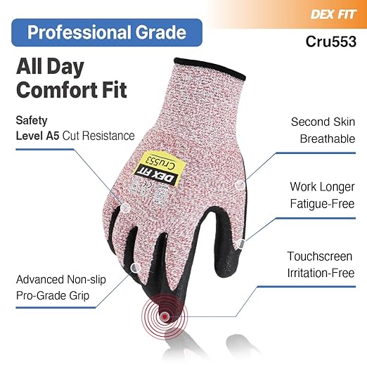 DEX FIT Professional Grade Level 5 Cut Resistant Gloves Cru553, Updated Coating 2025, 3D Precision Comfort Fit, Water-Based Nitrile Power Grip, Breathable, Touchscreen, Washable - Red L (9) 3 Pairs