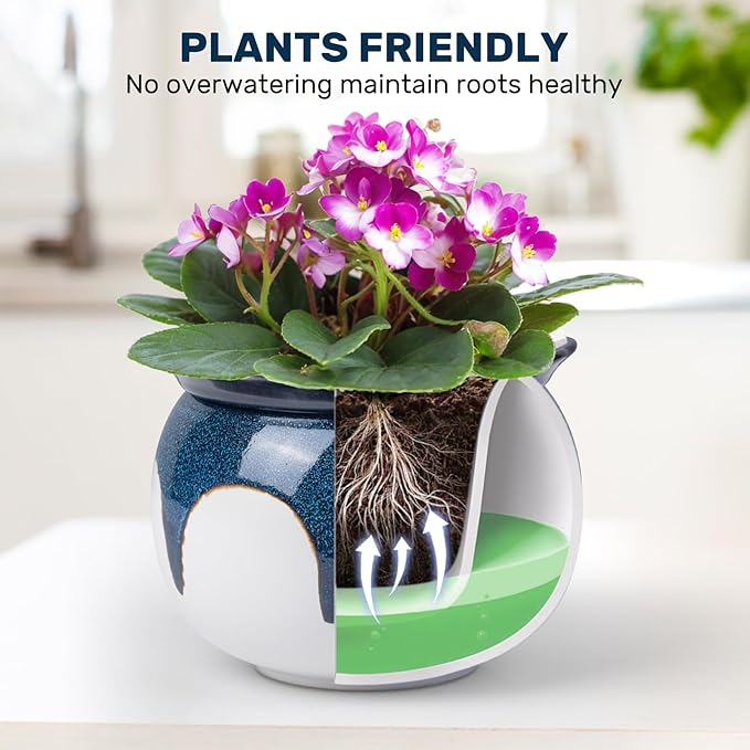 African Violet Pots, 6 Inch Self Watering Pots for Indoor Plants, Easy Plant Self Watering Planter, Ceramic Plant Pot with Absorbent Inner Pot for Flowers - Gradient Blue (No Plants)