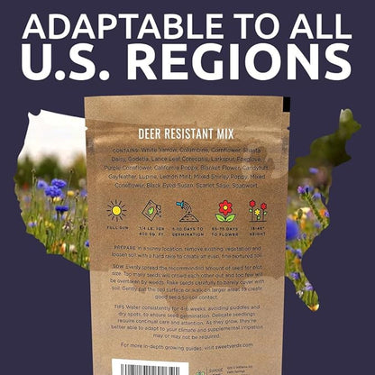 Deer Resistant Wildflower Seed Mixture - Bulk 1/4 Pound Bag - Over 60,000 Deer Tolerant Seeds - Open Pollinated and Non GMO
