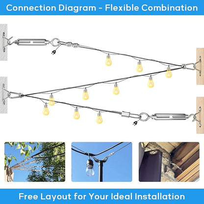 String Light Hanging Kit with 164FT Vinyl Coated Stainless Steel 304 Wire Rope Suspension Kit Included Enough Accessories with Turnbuckles and Hooks for Patio, Garden and Wedding Lighting