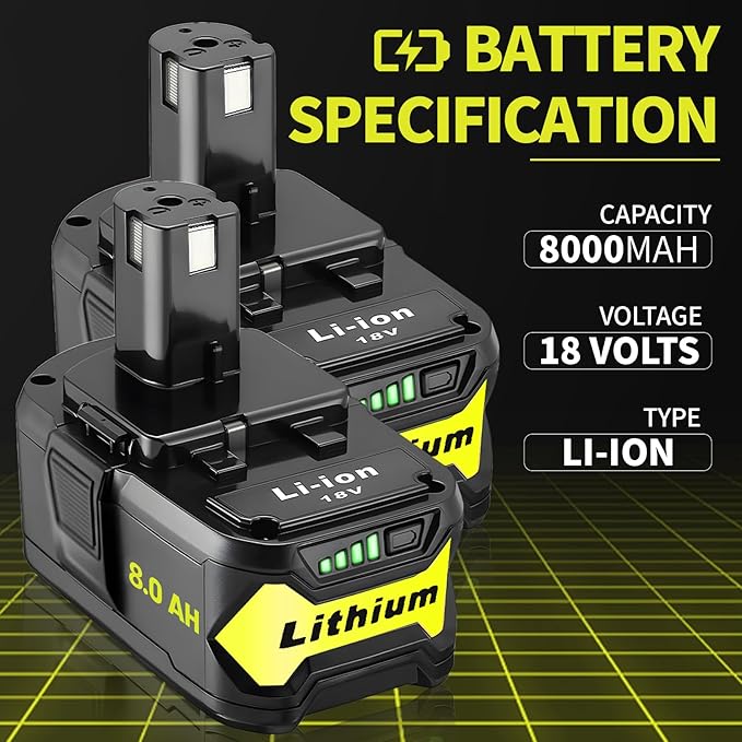 2 Packs 8.0Ah High Capacity Replacement for Ryobi 18v Battery P108 P104 P105 P102 P103 P122 P109 Li-ION Compatible with Ryobi 18V ONE+ System Cordless Power Tools and Charger