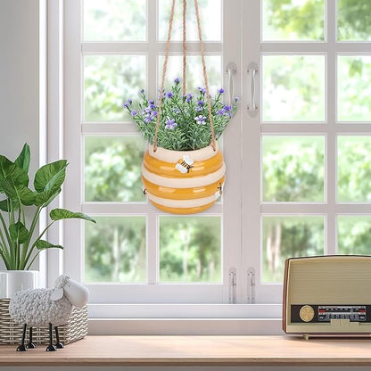 Hanging Ceramic Planter 5 Inch Cute Bee Plant Pots Indoor Outdoor Yellow Planter Flower Pot Succulent Plant Pot Ceramic Mid-Century