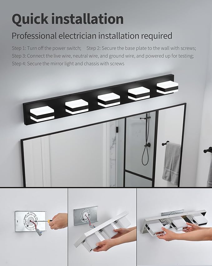 Bathroom Lighting Fixtures Over Mirror, 5 Light Bathroom Vanity Light Fixtures with Cool White 5000K, Matte Black LED Modern Vanity Wall Lights for Bath, Dressing Room, Restroom, 37.4 inch