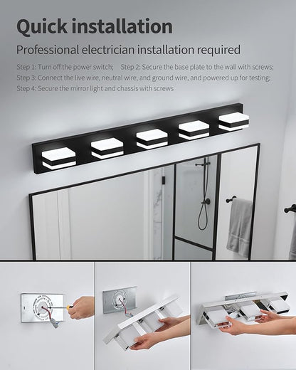 Bathroom Lighting Fixtures Over Mirror, 5 Light Bathroom Vanity Light Fixtures with Cool White 5000K, Matte Black LED Modern Vanity Wall Lights for Bath, Dressing Room, Restroom, 37.4 inch