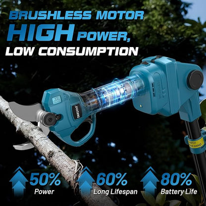 Cordless Electric Pruning Shears with Pole, 2.4" Max Cutting Diameter 14.7FT Reach, Brushless Pole Pruning Shears with 21V 2×4.0Ah Battery, Power Pole Tree Pruner for Branch Trimming