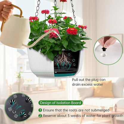 Set of 2 White 8.8 Inch Hanging Planters for Indoor Outdoor Plants, Self Watering Hanging Baskets Flower Pots with Drainage Hole & Plug