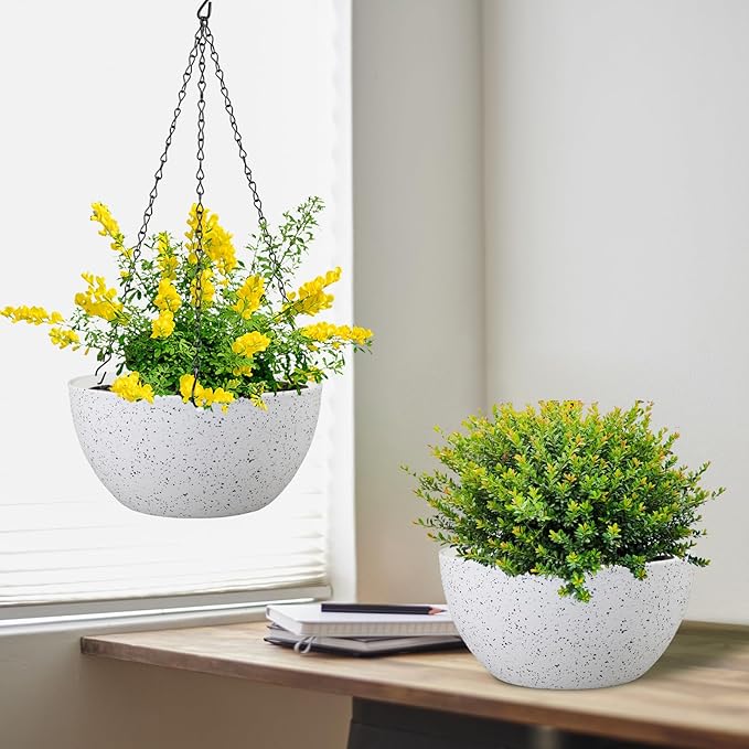 12 inch Large Hanging Planters for Indoor Outdoor Plants, 2 Pack Hanging Flower Pots with Drainage Holes and Chain for Garden Porch, Plastic Hanging Baskets for House Plants, Speckled White
