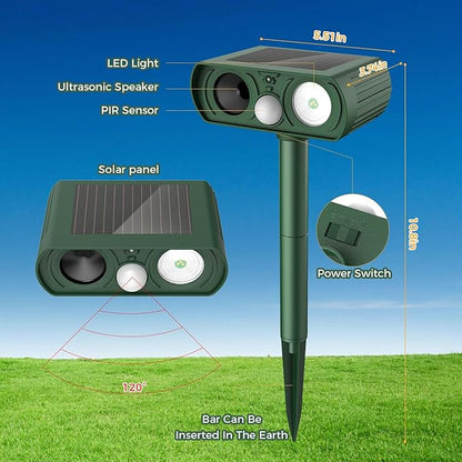 2026 Upgraded Solar Ultrasonic Animal Repellent Outdoor, Deer Repellent Devices Squirrel Cat Raccoon Rabbit Dog Deterrent, Keep Rodent Away Motion Detection with Flash Light for Yard Garden Lawn