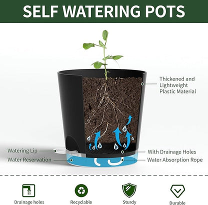 4 Inch 10 Pack Small Self Watering Pots for Indoor Plants, Nursery Pot with Drainage Holes and Saucers, Plastic Small Flower Planter for Succulent, Aloe, Cacti and More (Black)
