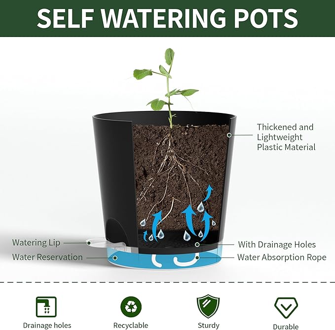 4 Inch 5 Pack Small Self Watering Pots for Indoor Plants, Nursery Pot with Drainage Holes and Saucers, Plastic Small Flower Planter for Succulent, Aloe, Cacti and More(Black)