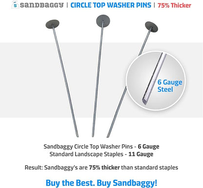 Sandbaggy 18-inch Circle Top Pins - Landscape Staples (Made in The USA) - Garden Stakes for Landscaping, SOD, Weed Barrier Fabric - Heavy Duty Ground Stakes, Lawn Turf Spikes, Decorations (100 Pins)