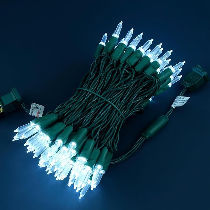 100 Cool White One-Piece LED Christmas Lights, 33 ft Green Cord High Waterproof UL Certified T5 Outdoor String Lights (Cool White)