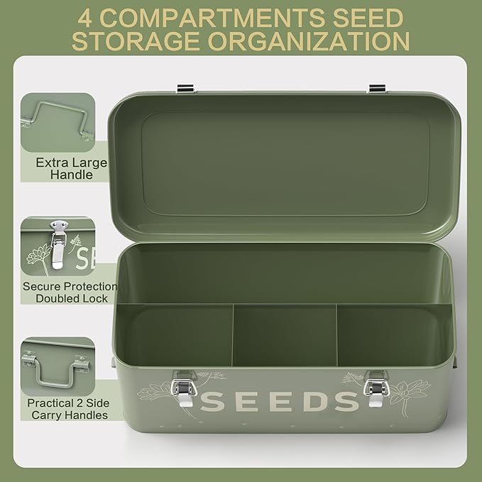 Orionstar Seed Storage Organizer, Metal Seed Saving Box with Lid, Seed Bin with 30 Plant Labels 30 Seed Envelopes 1 Marker Pens, 4 Compartments Box with Safety Locks, Blackish Green