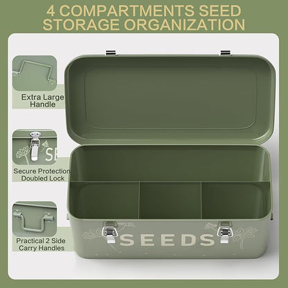 Orionstar Seed Storage Organizer, Metal Seed Saving Box with Lid, Seed Bin with 30 Plant Labels 30 Seed Envelopes 1 Marker Pens, 4 Compartments Box with Safety Locks, Blackish Green