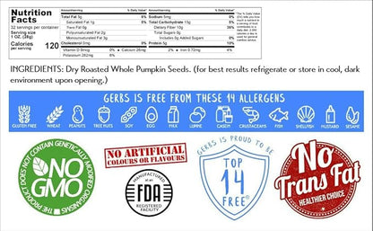 Pumpkin Seeds in-Shell (Whole) Roasted & Unsalted by Gerbs - 2 LBS Premium Grade AA Pepitas - Top 10 Food Allergen Free - Vegan & Kosher - Seed Country of Origin USA - Made in Rhode Island