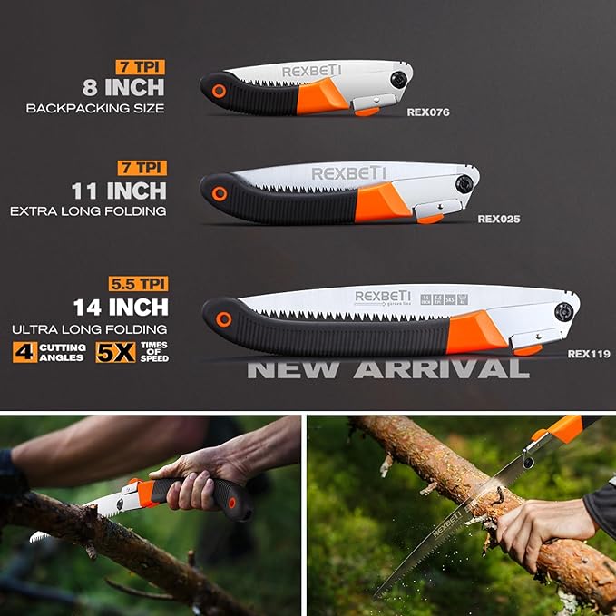 REXBETI Folding Saw, Extra Long 14 Inch Blade Backpacking Saws for Hiking Camping, Dry Wood Trimming Pruning Saw With 4 Cutting Angle Hard Teeth, Large Garden Saws with SK-5 Steel