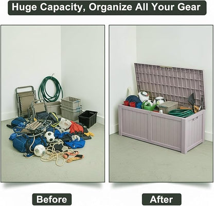 120 Gallon Resin Deck Box, Outdoor Storage Chest for Patio Furniture Cushions, Garden Tools, Pool Accessories | Lockable, Waterproof, All-Weather, Easy Assembly, Wood Grain Design